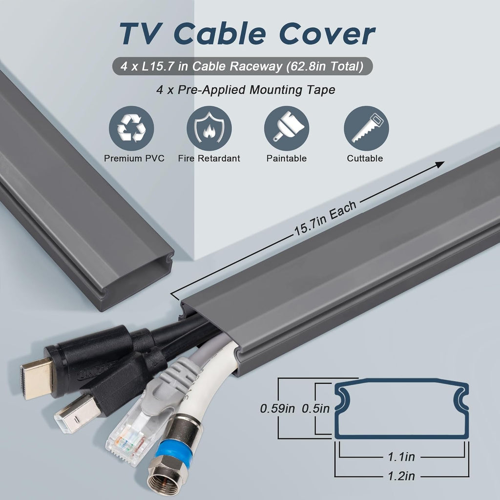 62.8in TV Cable Hider - Cord Hider Cable Management Wall, Cable Raceway Grey Wire Hider, Paintable Cable Concealer for Wall Mounted TV, Wall Wire Covers for Cords, 4* L15.7in *W1.2in *H0.59in
