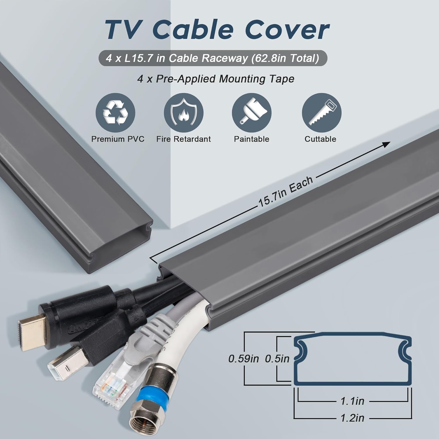 62.8in TV Cable Hider - Cord Hider Cable Management Wall, Cable Raceway Grey Wire Hider, Paintable Cable Concealer for Wall Mounted TV, Wall Wire Covers for Cords, 4* L15.7in *W1.2in *H0.59in