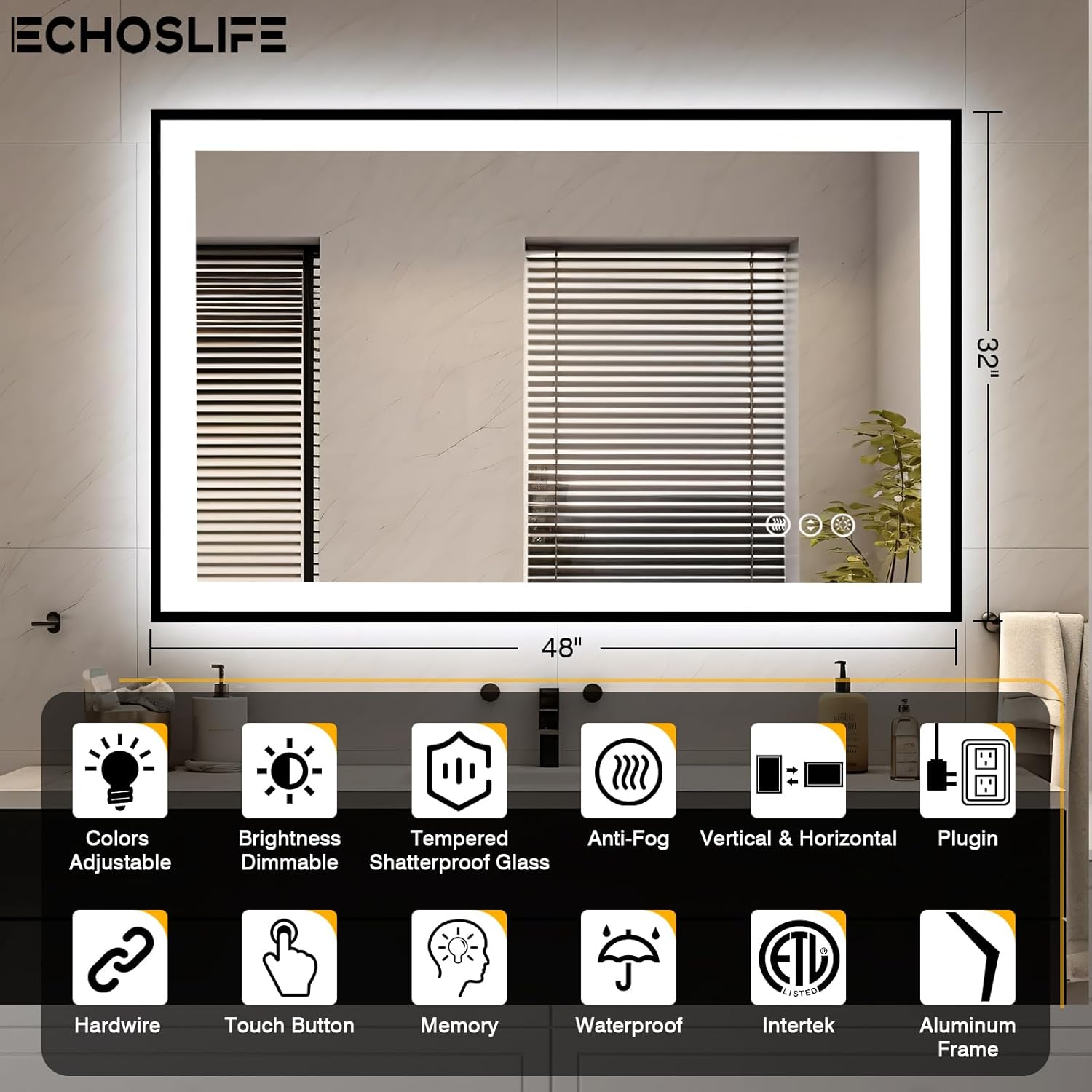 48x32 LED Bathroom Mirrors for Wall -Black Aluminum Framed (Front and Backlit), Anti-Fog Vanity Mirror With Lights,Stepless Dimmable Lighted Mirror,3 Colors Smart Mirror(Horizontal/Vertical)