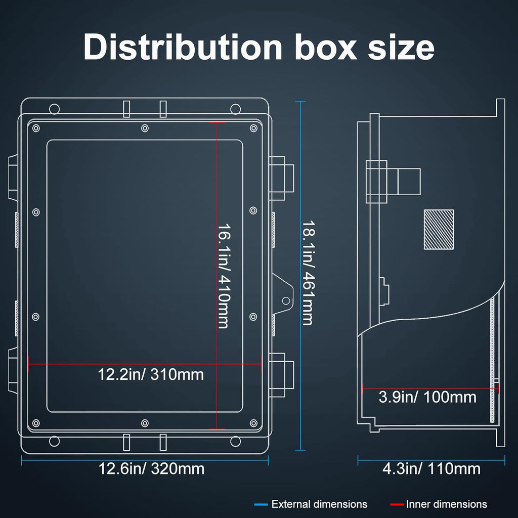 Outdoor Electrical Junction Box with High Power Outlet, ABS Water Resistant Enclosure with Internal Mounting Panel & Hinged Cover. (18.1" H* 12.6" L* 4.3" W & Outlet)