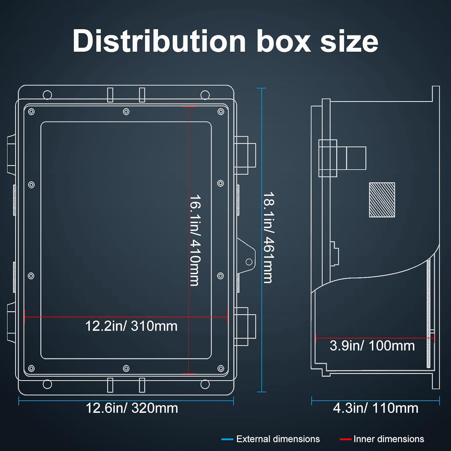 Outdoor Electrical Junction Box, ABS Water Resistant Enclosure with Internal Mounting Panel & Hinged Cover (18.1" H* 12.6" L* 4.3" W)