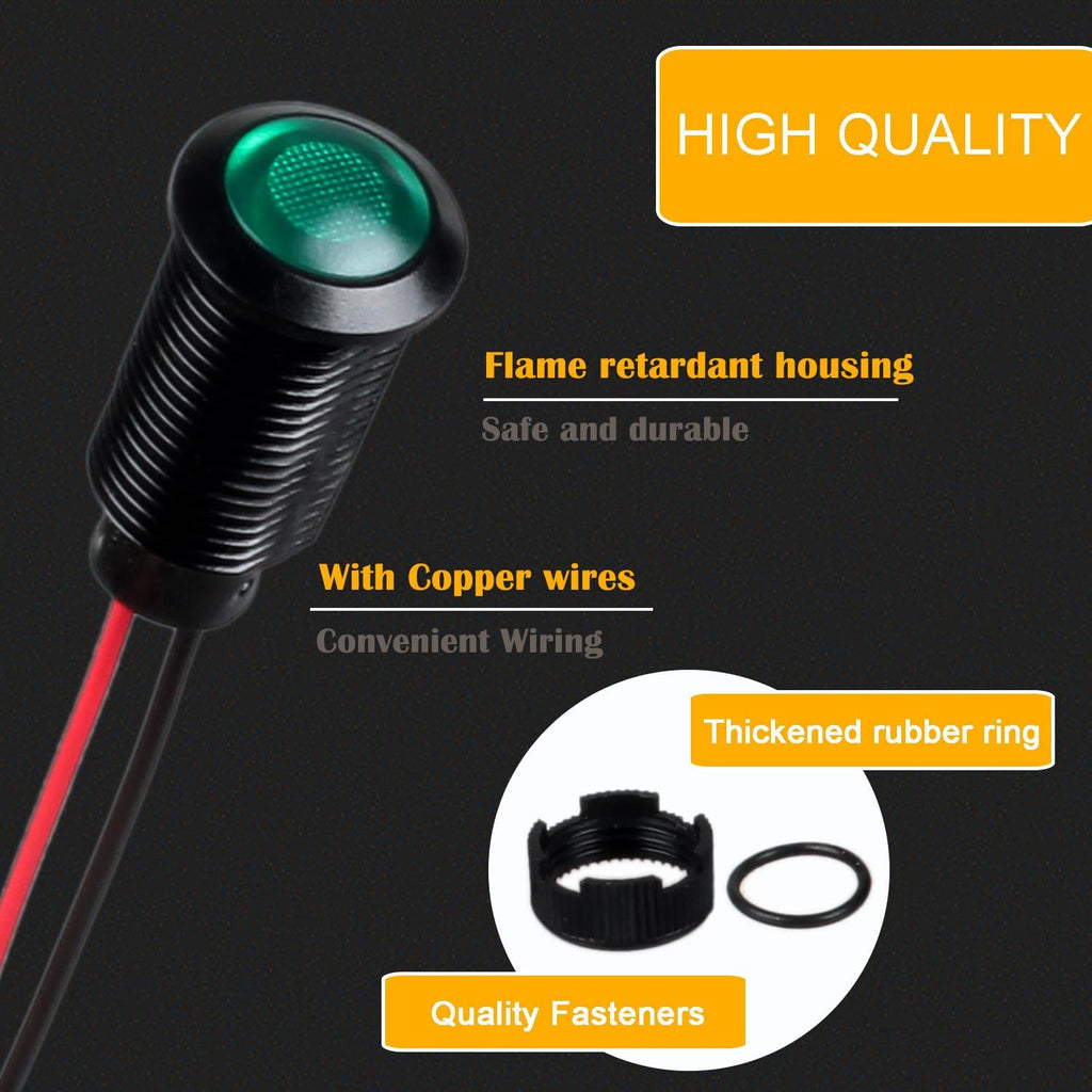 5pcs 12mm 12V-24V LED Indicator Light Plastic Black Signal Dot Lamp 12V-24V 1/2 inches Mounting Hole Size with 15cm/5.9in. Wire (Green LED)
