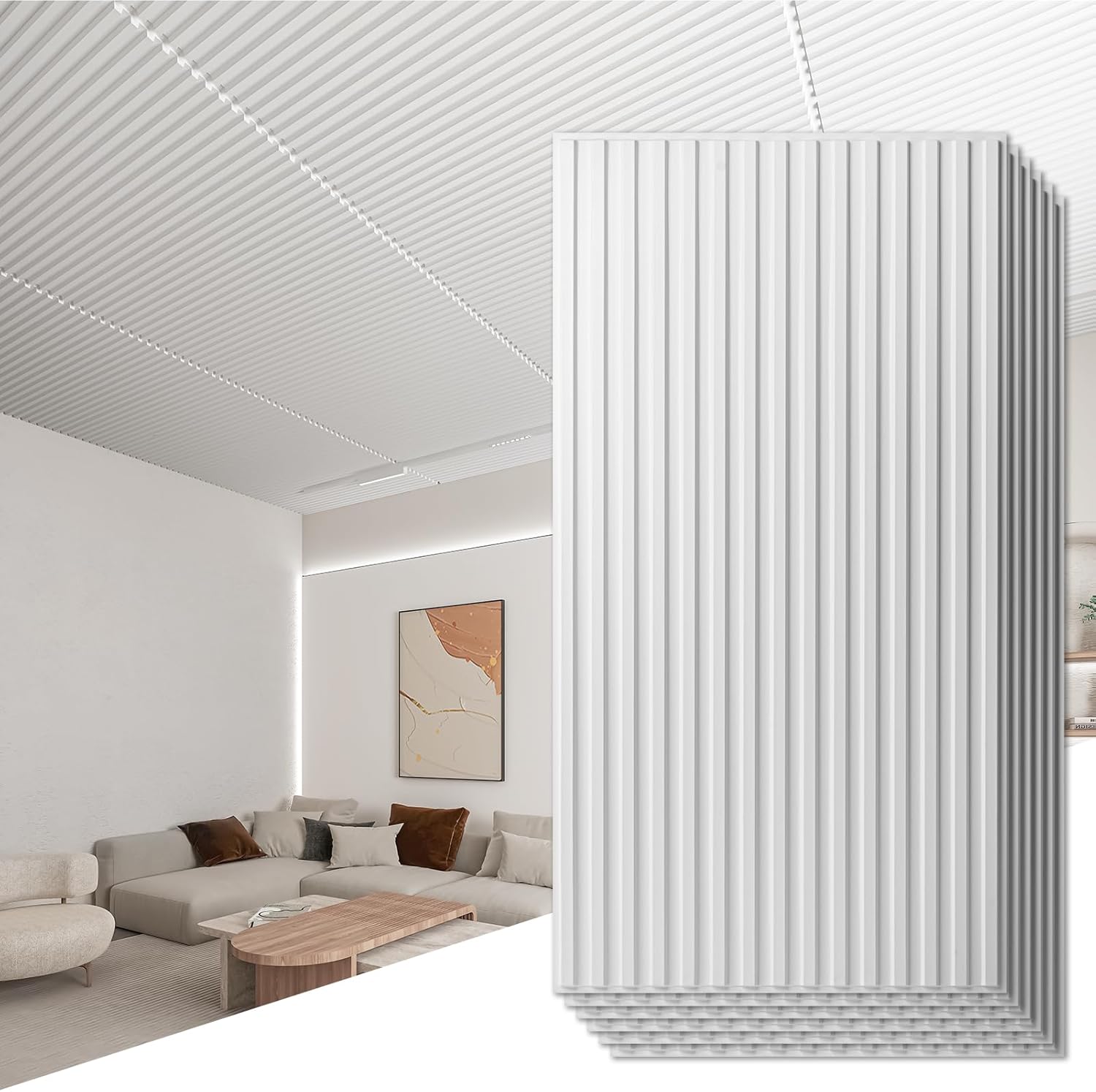 Art3d 12-Pack Slat Design 3D Wall Panels for Interior Wall Decor, 2x4 FT PVC Decorative Drop Ceiling Tiles - White