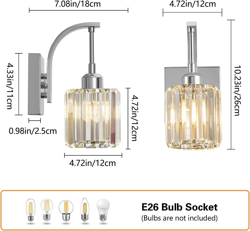Wall Sconces, Set of 2 Chrome Crystal Vanity Lights, Modern Wall Lamp for Bathroom, Hallway, and Makeup, Easy Installation