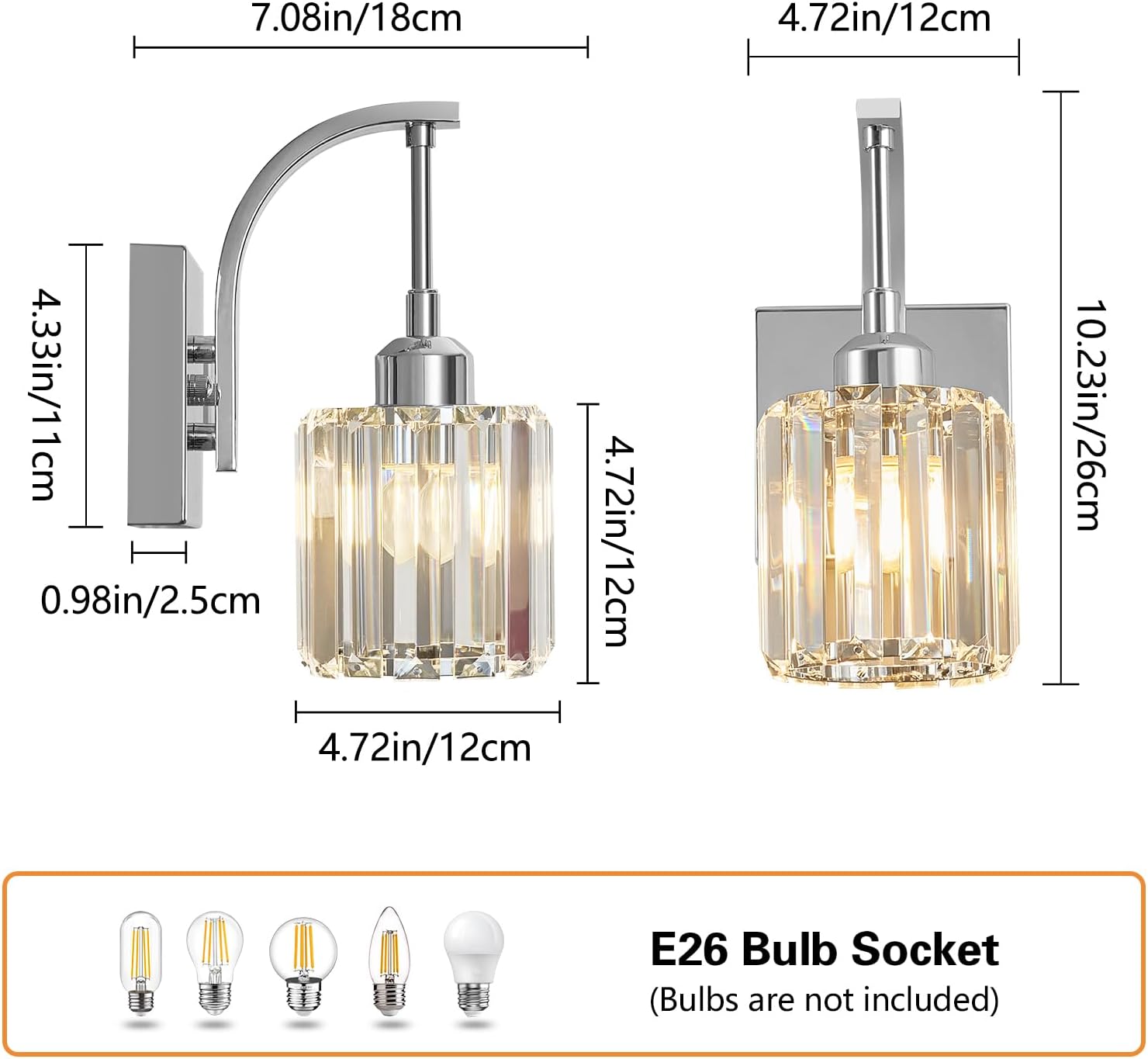 Wall Sconces, Set of 2 Chrome Crystal Vanity Lights, Modern Wall Lamp for Bathroom, Hallway, and Makeup, Easy Installation