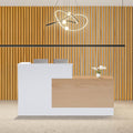 L-Shaped Modern Reception Desk with Counter & Storage - 71" Large Office Front Desk, Salon Checkout Counter with Lockable Cabinets, Shelves(Oak & White, Left - 71''L x 34''W x 41''H)