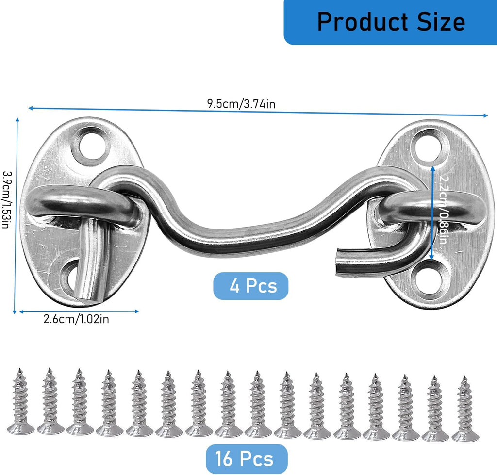 4-Pack 3Inch Door Lock Gate Latch Premium Stainless Steel Hook and Eye Gate Latch Cabin Hook with 16pcs Screws, Silver