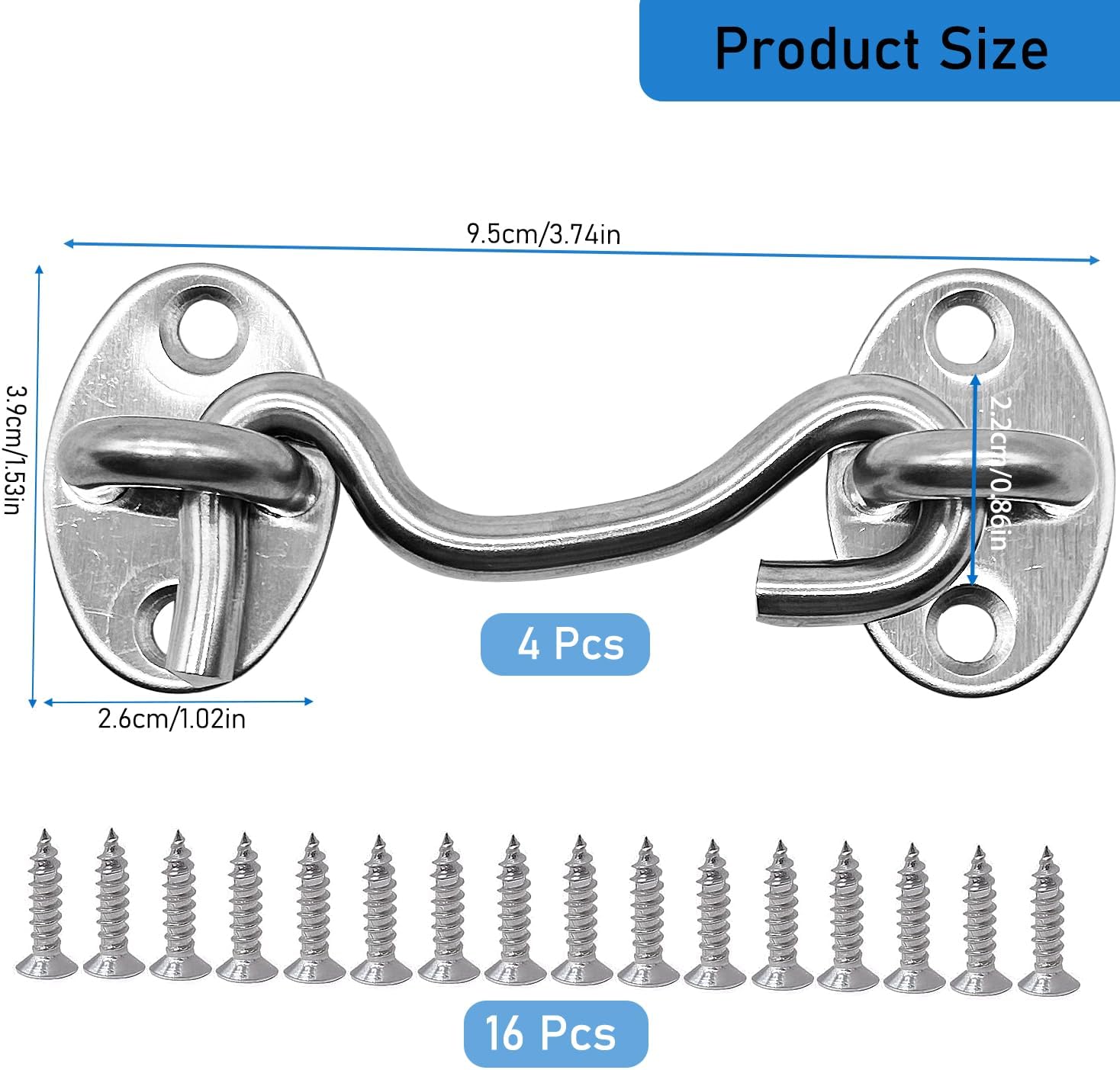 4-Pack 3Inch Door Lock Gate Latch Premium Stainless Steel Hook and Eye Gate Latch Cabin Hook with 16pcs Screws, Silver