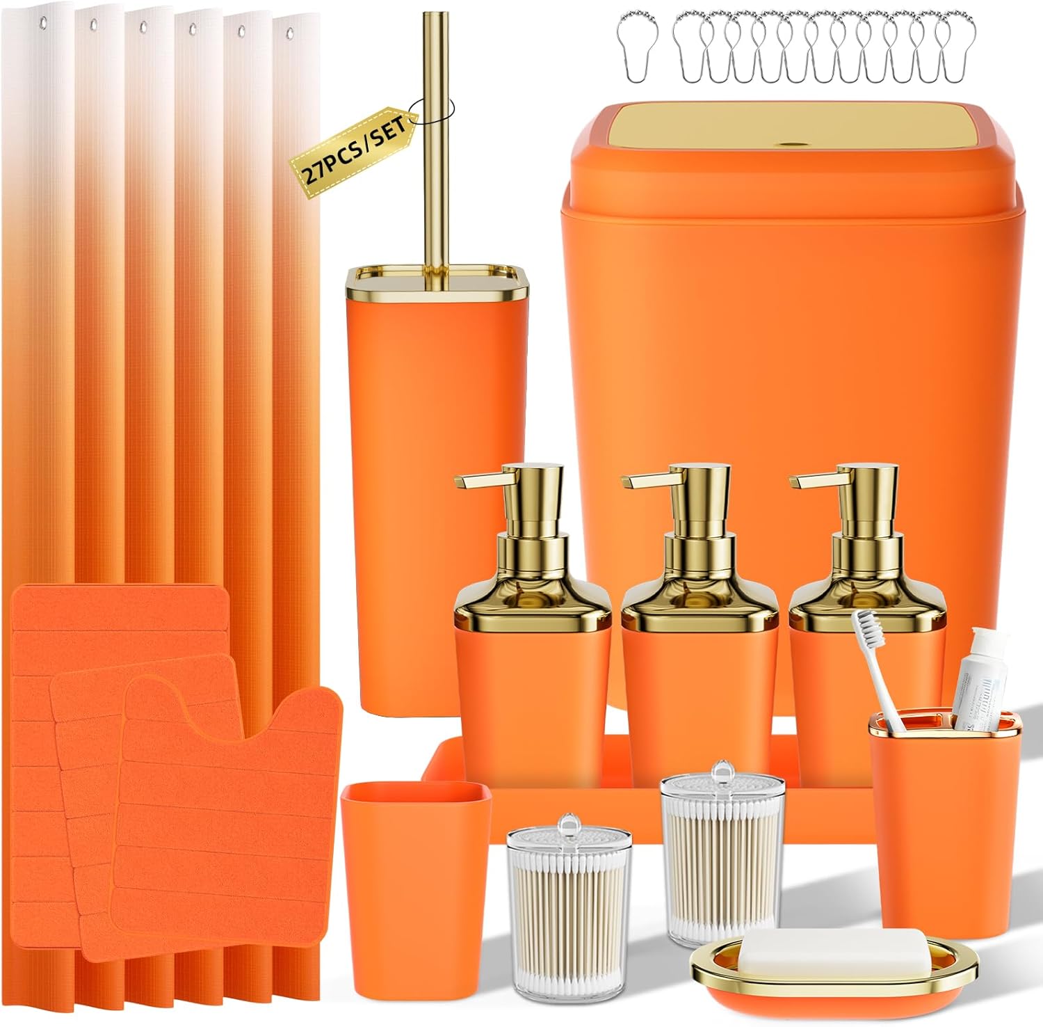 Bathroom Sets with Shower Curtain and Rugs, 27PC Bathroom Accessory Set, Orange Bathroom Set, Orange and Gold Bathroom Accessories Set with Trash Can, Toilet Brush and Soap Dispensers