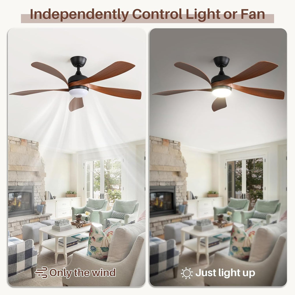 Sofucor 52 Inch Ceiling Fans with Lights and Remote, Outdoor Ceiling Fan with Light 6-Speed 3 CCT 3-Timer, Low Profile Ceiling Fan 5 Blade Reversible DC Motor for Living Room Bedroom Patio