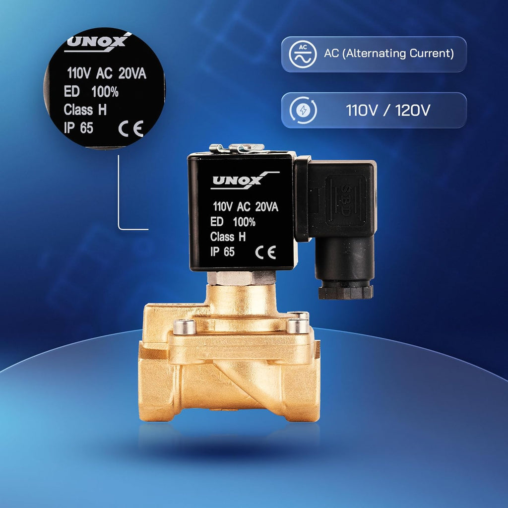 UNOX 1/2" NPT Solenoid Valve 110V AC, Brass Control Valve Normally Closed - 7-232 PSI Multi-Purpose Reliable Control Valve for Water, Air, and Gas - Solenoid Valves