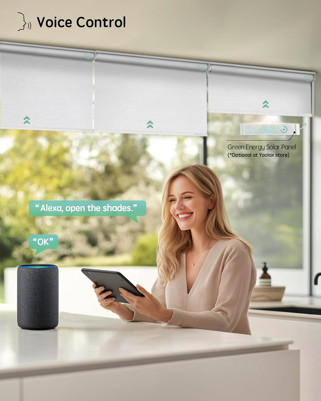 Yoolax Motorized Blinds with Remote, Blackout Smart Blinds for Windows Motorized Roller Shades, Automatic Window Shades Work with Alexa Custom Size (Blackout-Jacquard White)