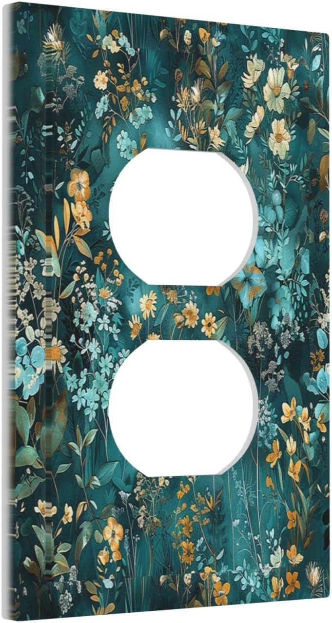 Outlet Covers Green Leaf Floral Boho Golden Flower Plant 1 Gang Duplex Light Switch Cover Decorative Switch Plates Electrical Receptacle Faceplate Wall Plate For Bed Room Cabin Decor