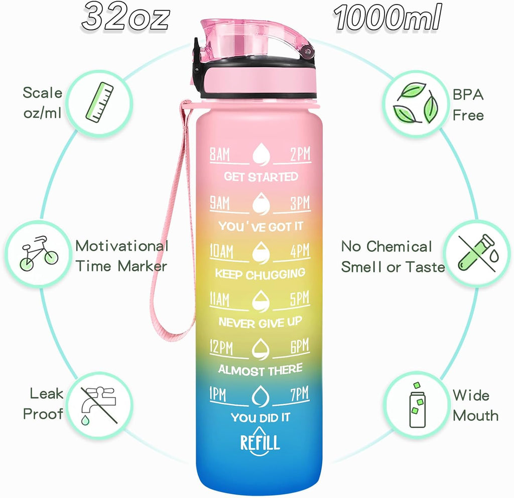 Enerbone Water Bottle, Leakproof BPA & Toxic Free, Motivational Water Bottle with Times to Drink and Straw, Fitness Sports Water Bottle with Strap for Office, Gym, Outdoor Sports