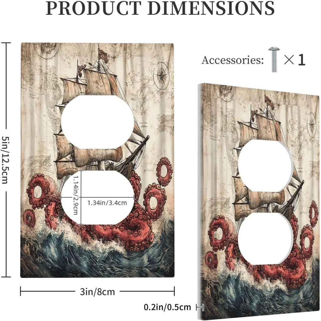 Outlet Covers Vintage Octopus Ocean Sailboat Bizarre Adventure 1 Gang Duplex Electrical Receptacle Faceplate Light Switch Cover Wall Plate Decorative Switch Plates for Bathroom Kids room Decor