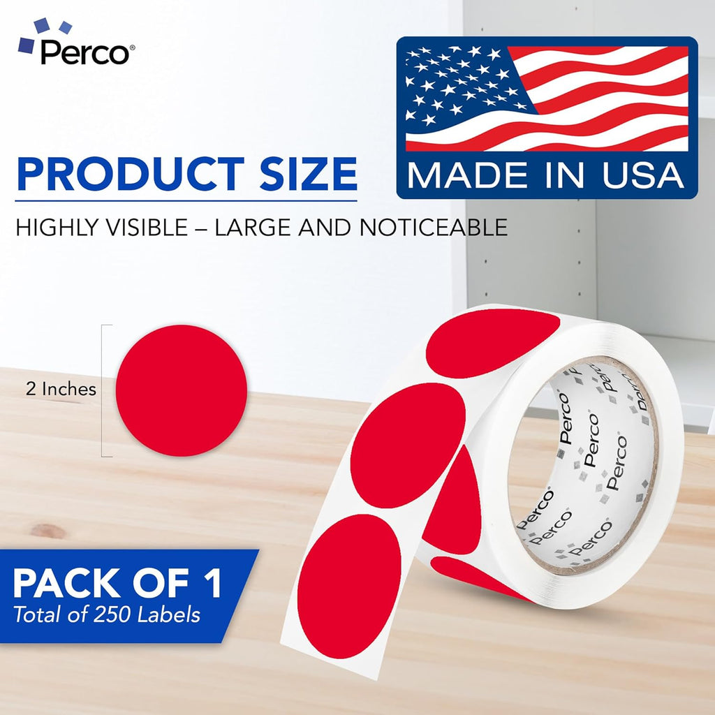 Perco Red 2-Inch Perforated Circle Dot Sticker Labels — 250 Round Stickers Per Roll — with Permanent Adhesive for Organizing, Color Coding, Bin Labeling, Packaging Alerts — Made in USA