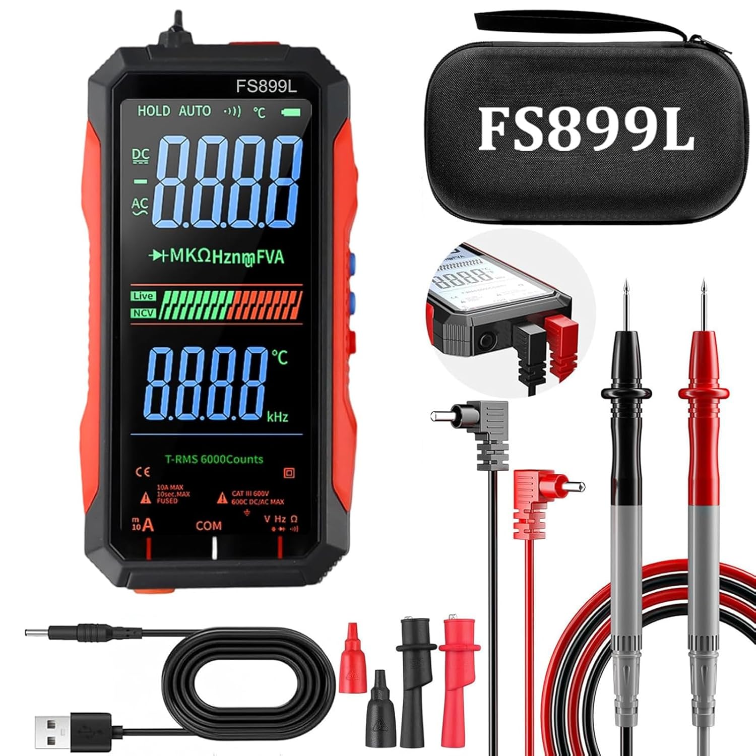 Digital Multimeter, FS899L Multimeter, USB Rechargeable Digital Multimeter – 6000 Counts, Automatic Digital Display Multimeter Tester for Home and Industrial Electrical Issues (FS899L)