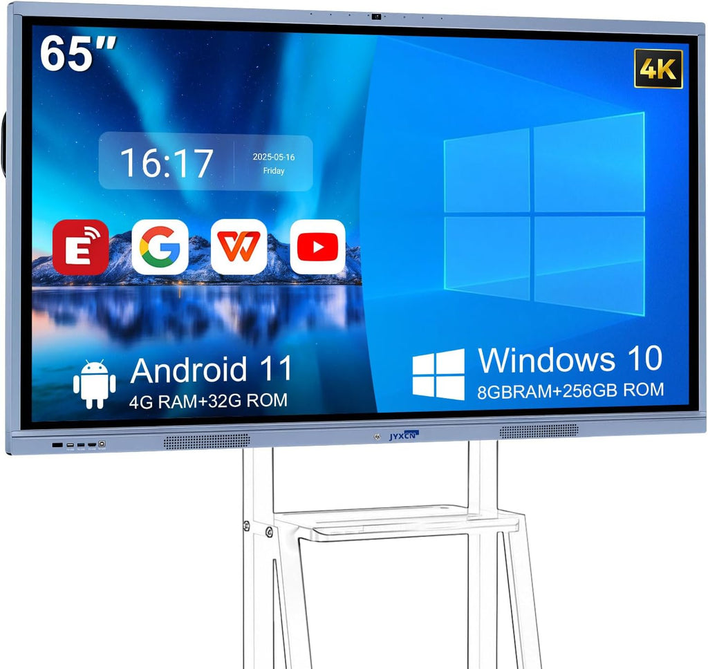 65" 4K Smart Board Interactive Digital Whiteboard, 8 + 256 GB Smart Board | Ultra-HD Display, Android Dual System & 20MP Camera | Touchscreen Electronic Smartboard for Classroom, Office