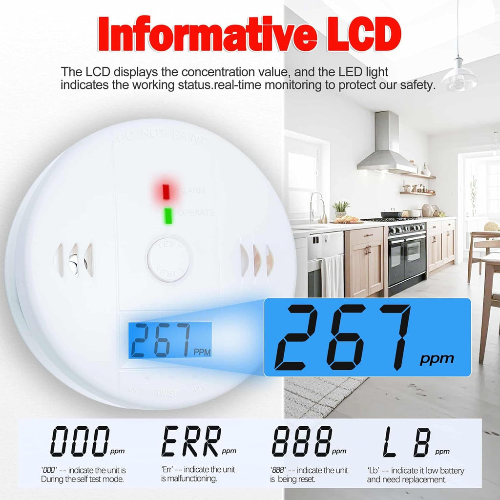 3 Pack Carbon Monoxide detectors, co Detector, Carbon Monoxide Alarm Detector Battery Powered with LCD Display, Carbon Monoxide Detector, UL2034 Standards, for Home