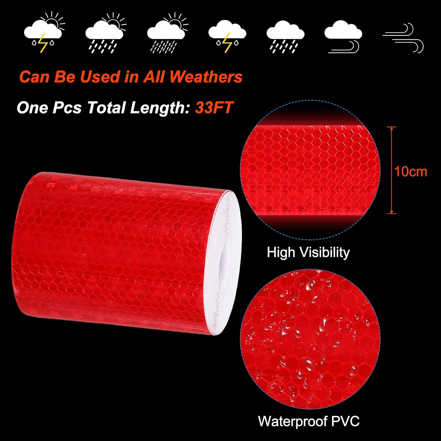 PATIKIL 4 Inch x 33 ft Reflective Tape, 1 Roll Waterproof Self Adhesive High Visibility Caution Warning Safety Tape Reflector with Scraper for Trucks Trailers Cars, Red