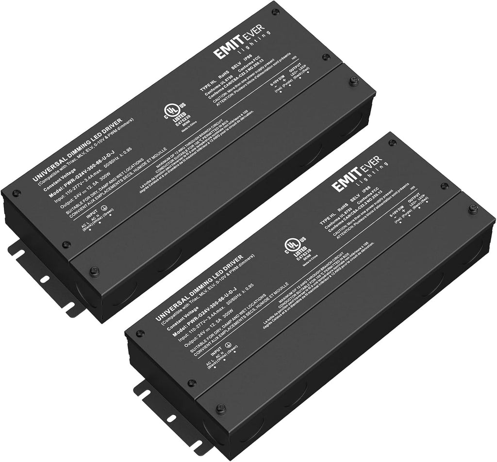EMITEVER Dimmable Led Driver, 2 Packs 300W AC 110V-277V to DC 24V Transformer, 5-in-1 Dimming: ELV/MLV/TRIAC / 0-10V / 1-10V / 10V PWM/Potentiometer, Waterproof IP67 and UL Listed