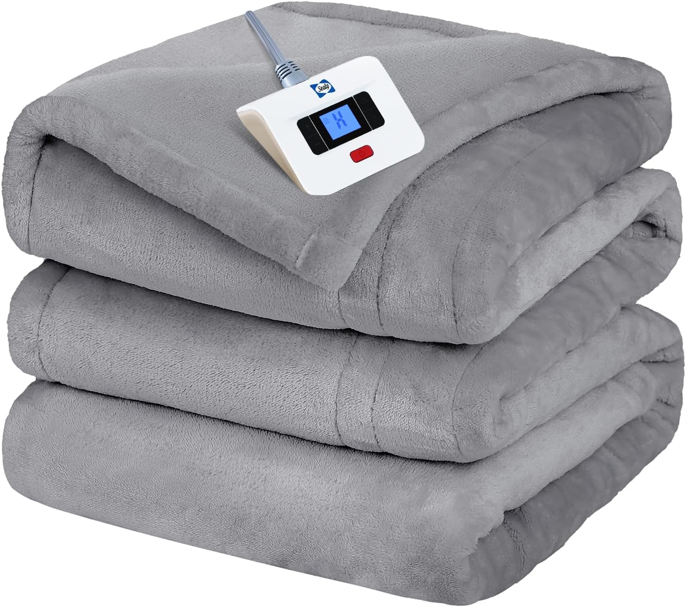 Sealy Electric Blanket Twin Size, Flannel Heated Blanket with 10 Heating Levels & 1-12 Hours Auto Shut Off, Machine Washable, Light Grey, 62 x 84 Inch