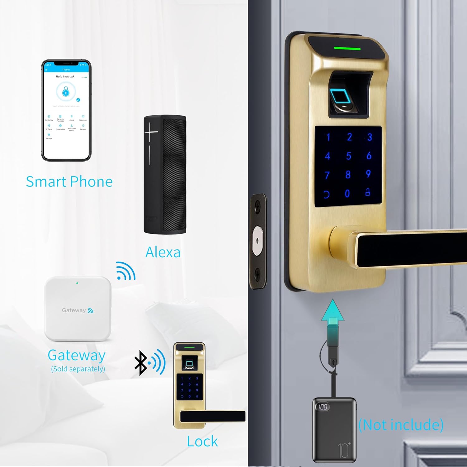 Harfo Fingerprint Door Lock, Heavy Duty Full APP Control Touchscreen Keypad Keyless Lock with Reversible Handle, Perfect for Home/Office/Bedroom Doors (Gold)