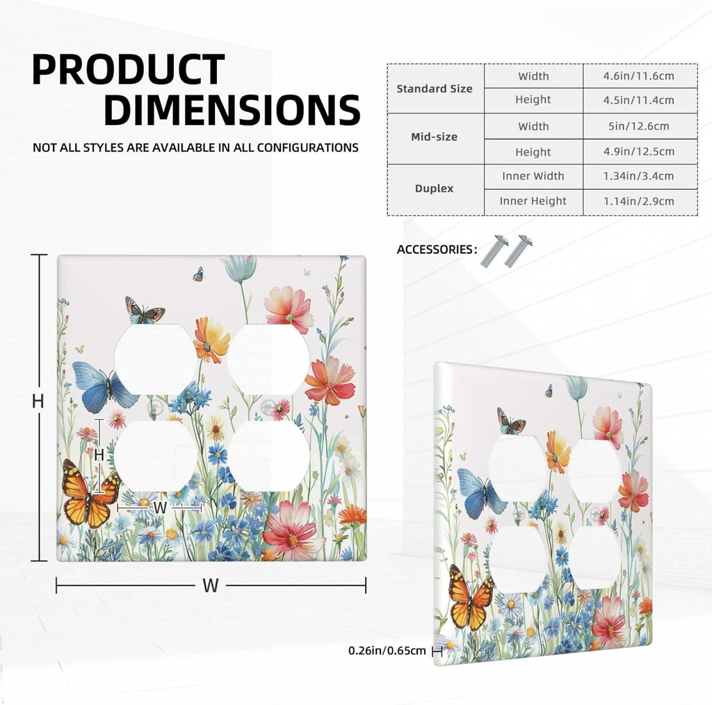 Decorative Outlet Covers Rustic Wildflower Blue Pink Floral Butterfly 2 Gang Light Switch Cover Plate Double Duplex Wall Plates for Electrical Outlets Switch Plate Covers for Home Decor