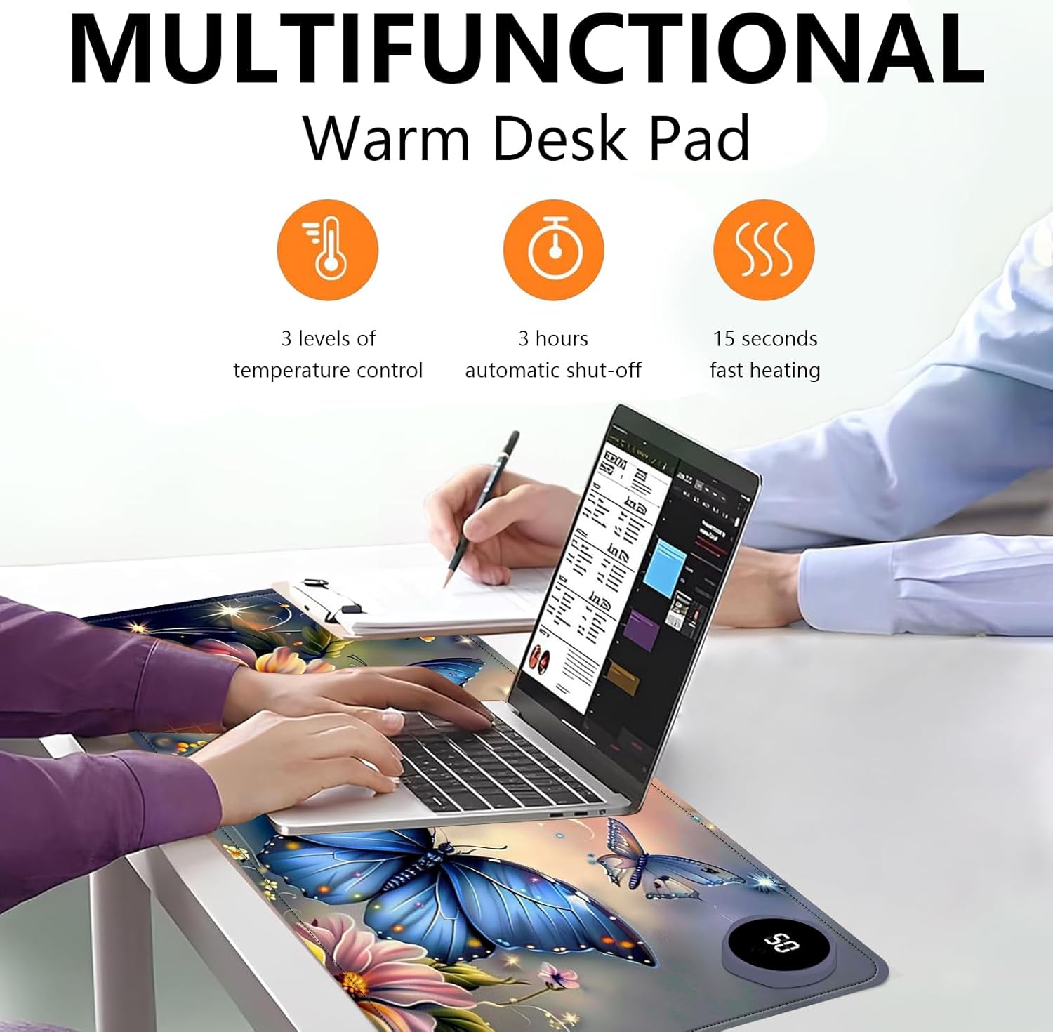 Heated Mouse Pad with 3 Levels Heated & 3 Hours Auto Shut-Off Mouse Pad for Warming Hands in Office Home, 23.6" x 14.2"Large Safe Desk Mat Hand Warmer，Blue Butterfly