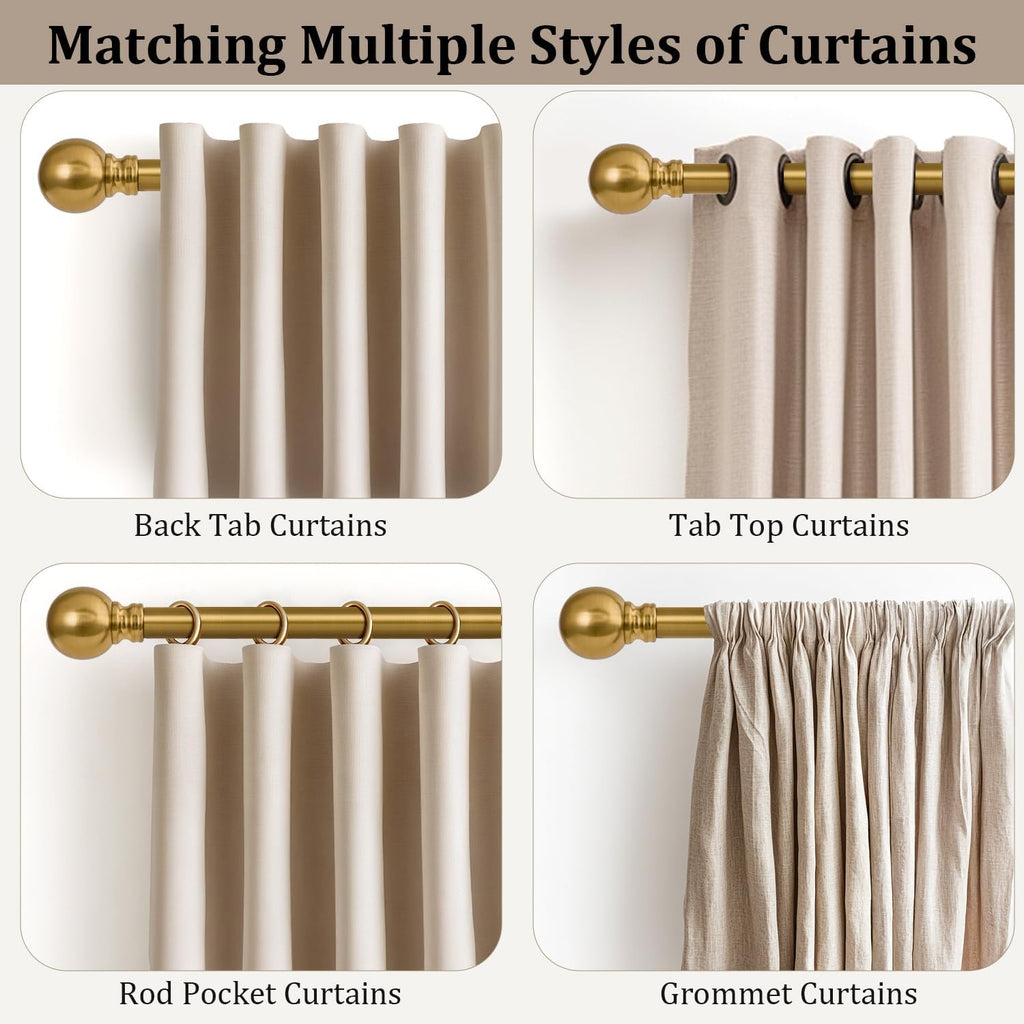 Modern Gold Curtain Rods for Windows 48 to 84 Inch 1" Diameter Adjustable Heavy Duty Brass Window Curtain Rod with Metal Finials for Living Room Bedroom Farmhouse Kitchen Outdoor