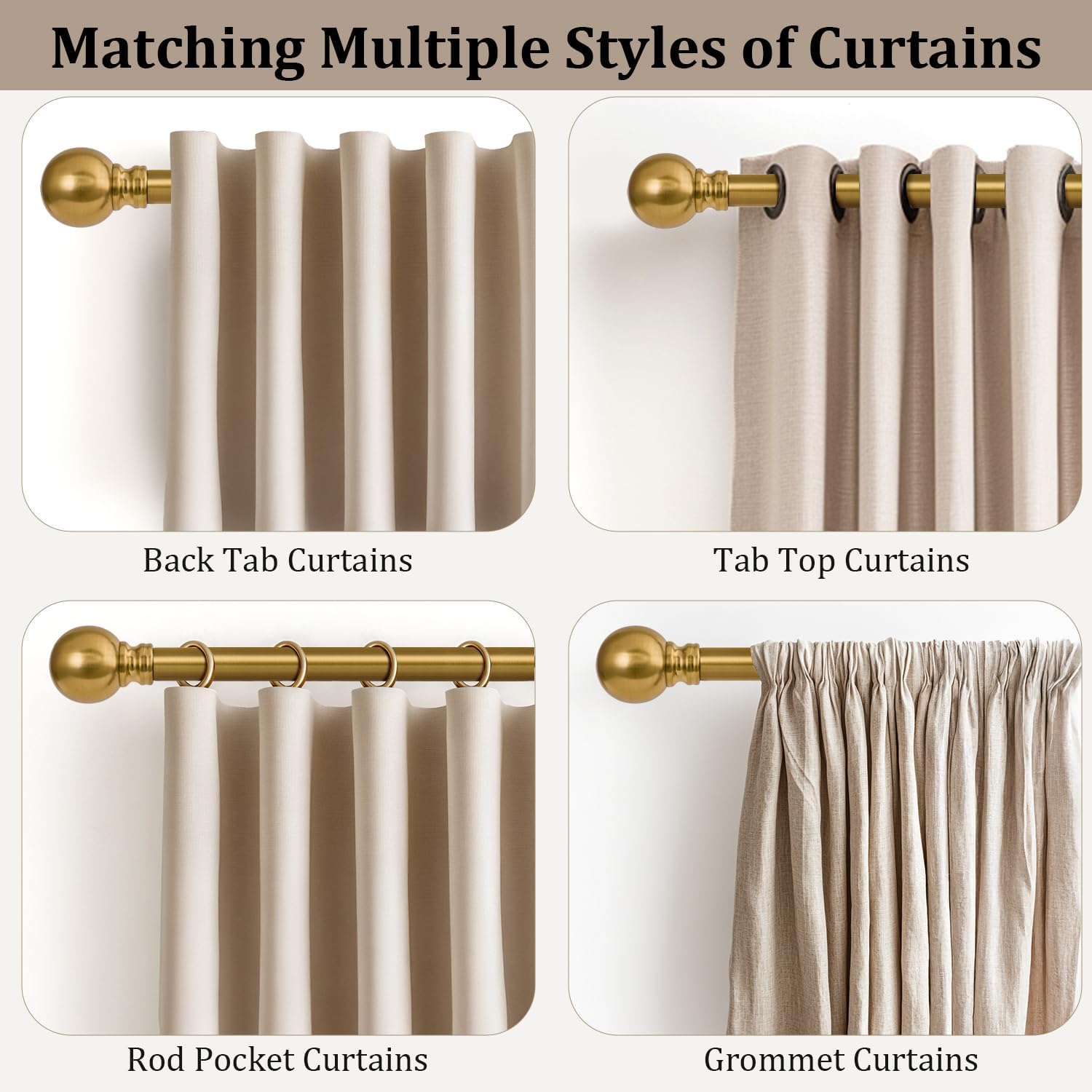 Modern Gold Curtain Rods for Windows 72 to 144 Inch 1" Diameter Adjustable Heavy Duty Brass Long Window Curtain Rod with Metal Finials for Living Room Bedroom Farmhouse Kitchen Outdoor