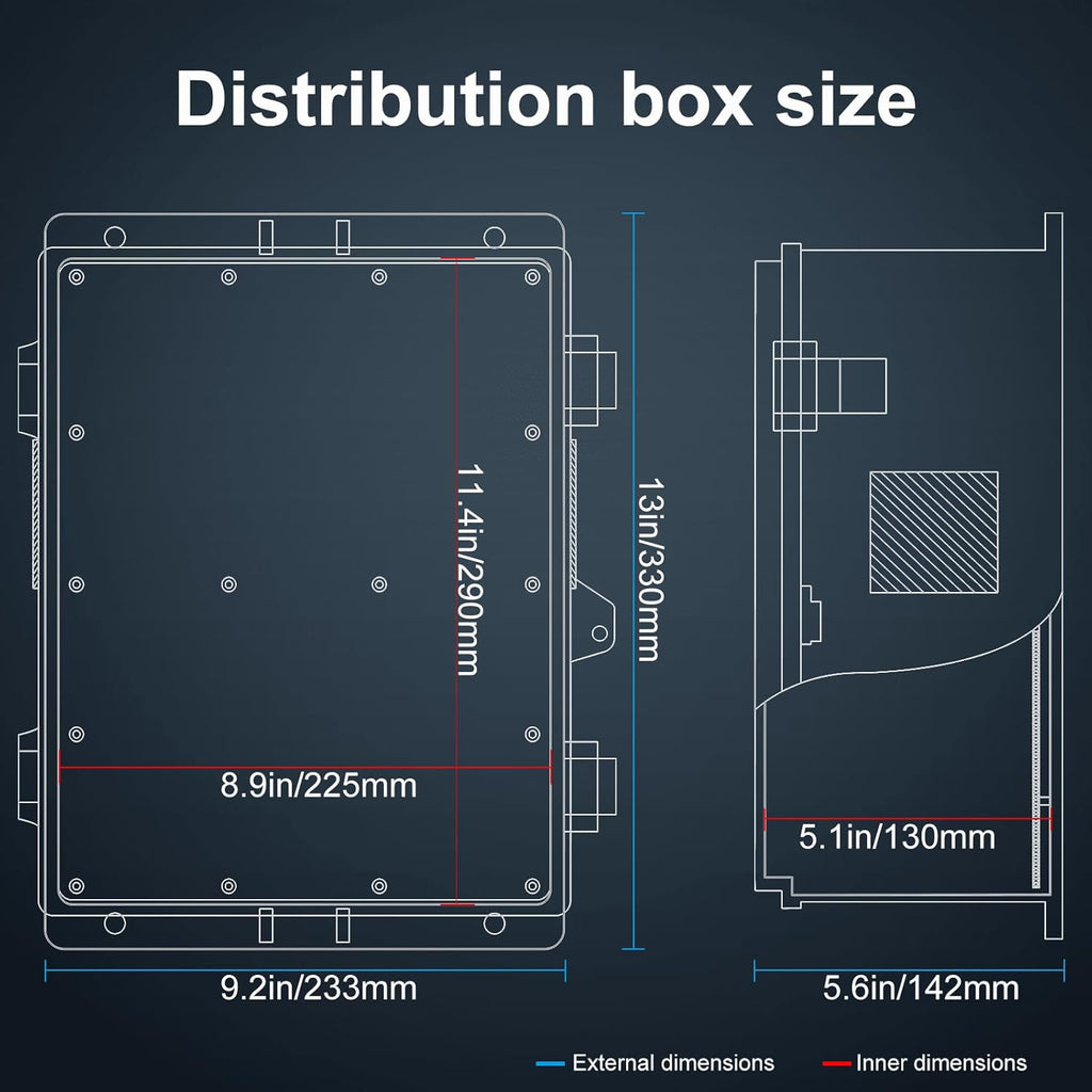 Outdoor Electrical Junction Box, ABS Water Resistant Enclosure with Internal Mounting Panel & Hinged Cover (13" H* 9.2" L* 4.6" W & Outlet)