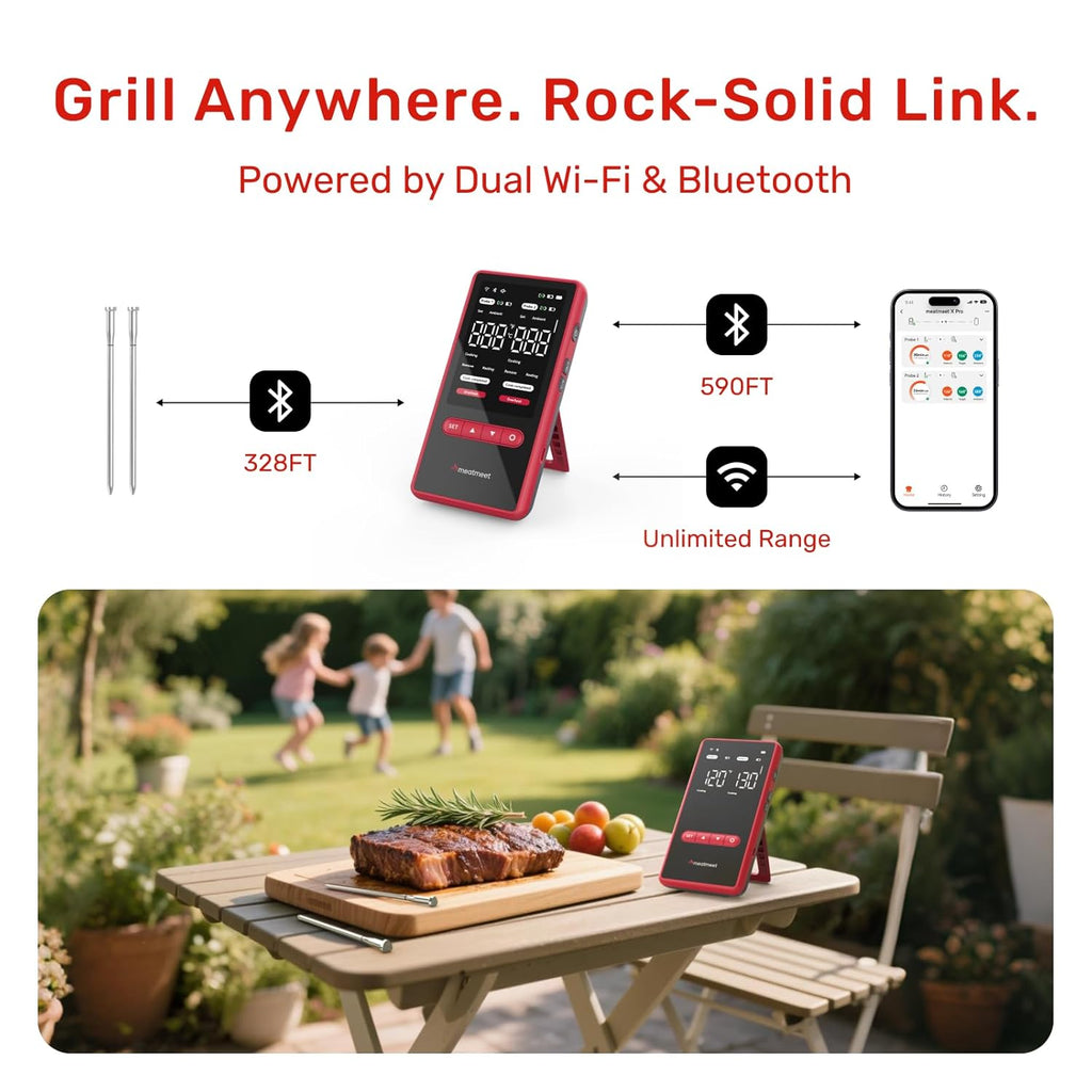 X Pro Wireless Meat Thermometer with Dual Wi-Fi & Bluetooth, Digital Meat Thermometer with 2 Probes & LED Display Base, 6 Built-in Sensors, IP69 Waterproof, for Grills, Ovens, Smokers & BBQs