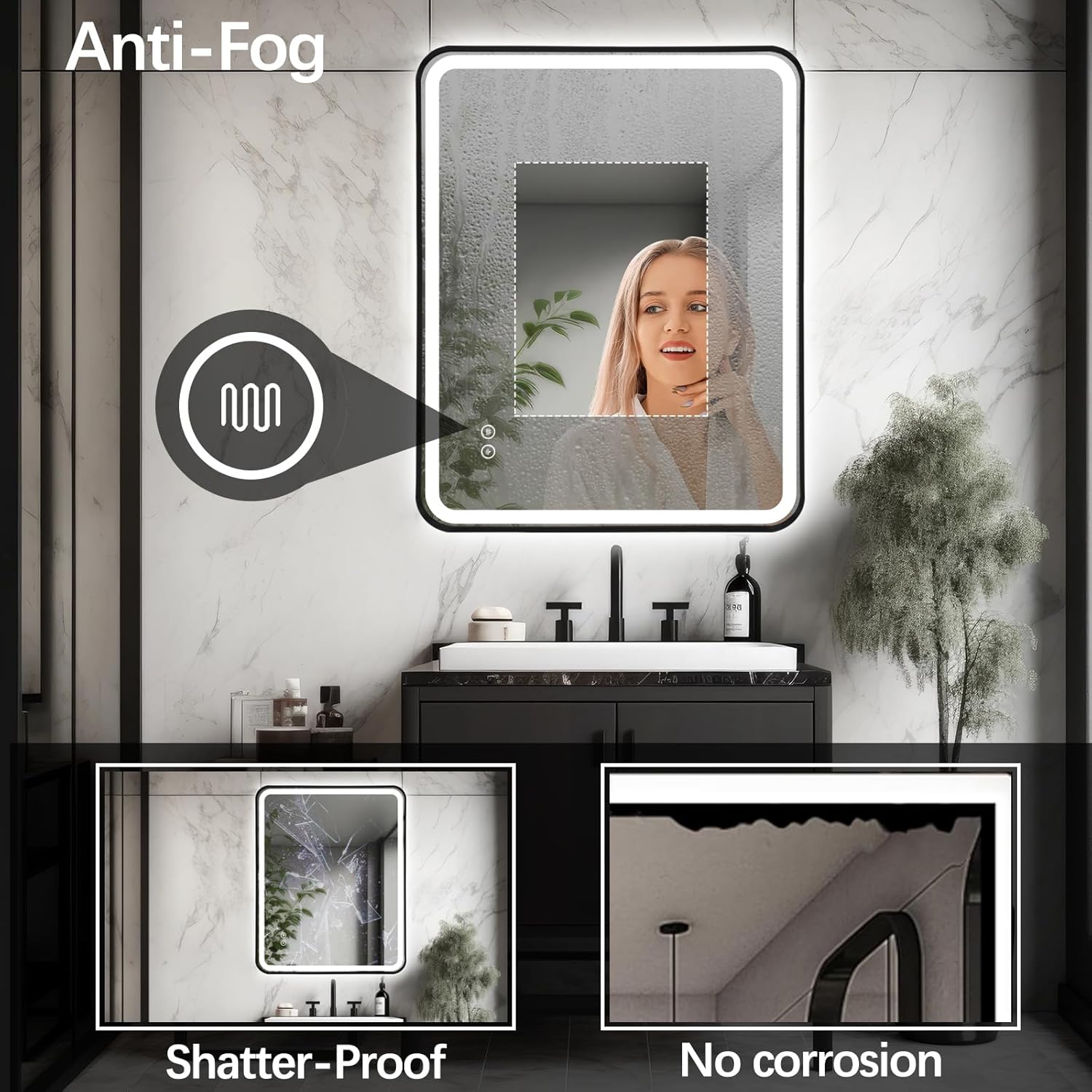Rectangle LED Bathroom Mirror, 32"x20" Anti-Fog Double Touch Lighted Wall Vanity Mirror 45° Beveled Metal Frame Stepless Adjustable Color Temperature Smart Mirror 3000K-6000K, Gold