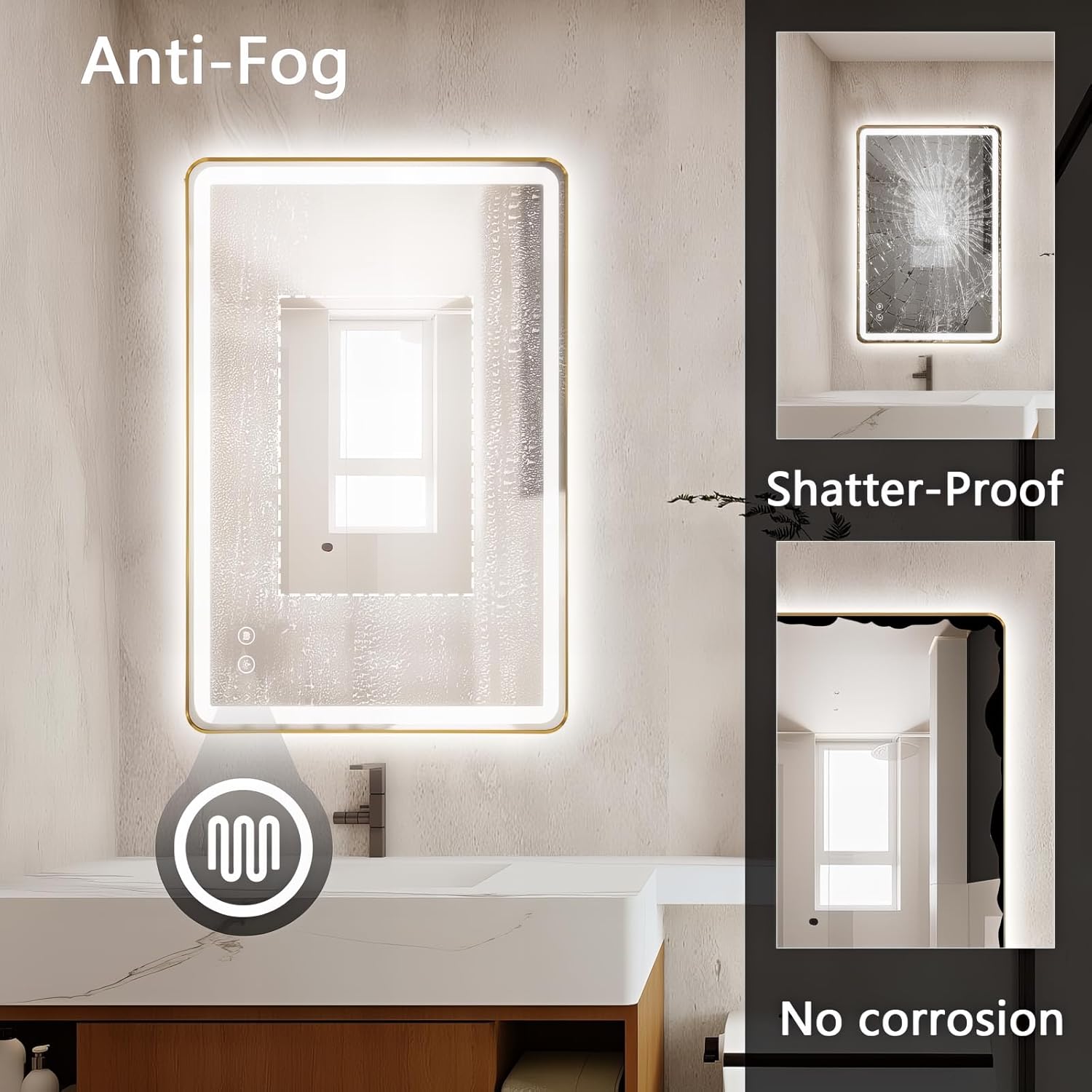 Rectangle LED Bathroom Mirror, 48"x30" Anti-Fog Double Touch Lighted Wall Vanity Mirror 45° Beveled Metal Frame Stepless Adjustable Color Temperature Smart Mirror 3000K-6000K, Gold