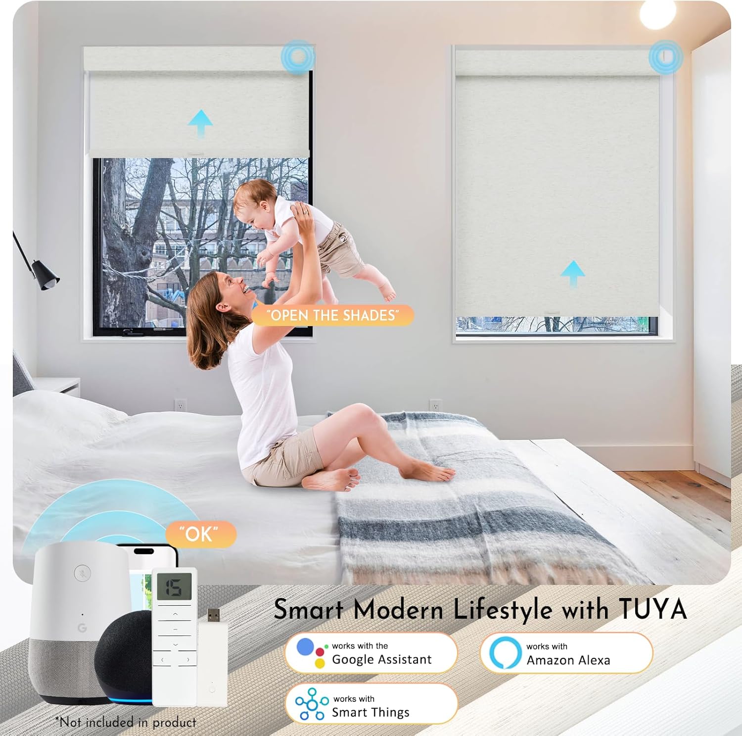 Persilux Smart Motorized Blinds with Remote, No Drill Automatic Roller Shades for Indoor Windows, Blackout Linen Fabric, Electric Blinds for Windows, Weave Mat C162BO-2, Custom Size