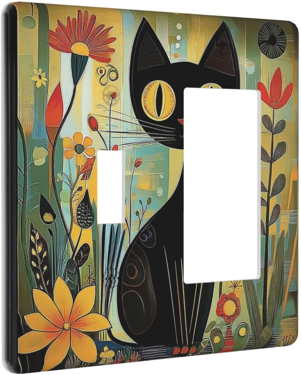 Funny Cat Retro Abstract Flowers Kitten Outlet Covers 1 Toggle 1 Rocker Combination Decorative Wall Plate Electrical Switch Plates Light Switch Cover Plate For Kids Room Bed Room Decor