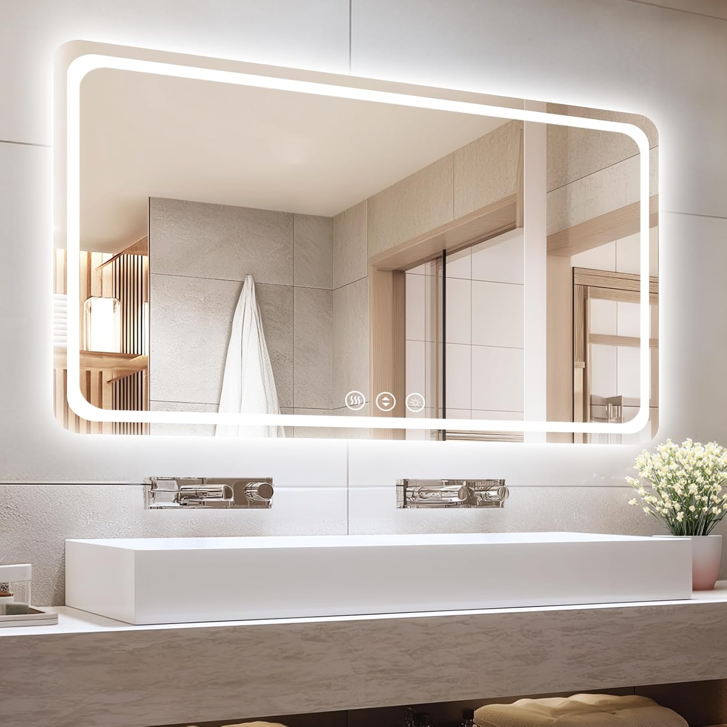Led Bathroom Mirror with Lights, Anti-Fog & Tri-Color Lighting - Wall Mounted Shaving Mirror with Touch Sensor, Waterproof Smart LED Vanity Mirror Tempered Glass Dimmable 55" L x 36" W