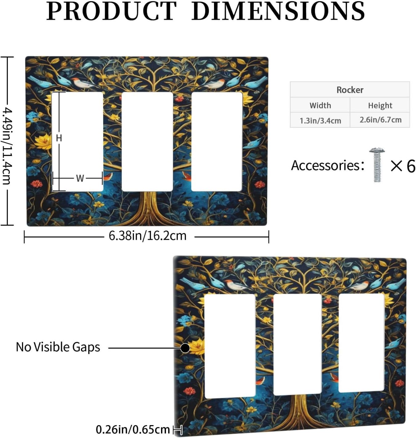 Gold Tree With Birds Flowers on Branches 3 Gang Rocker Triple Outlet Wall Plate Decorative Switchplate Cover Faceplate GFCI Light Switch Covers for Farmhouse Living Decor
