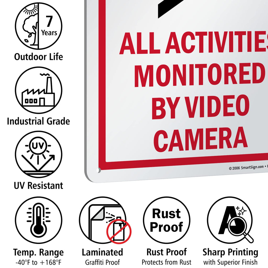 SmartSign 14 x 10 inch “Notice - All Activities Monitored By Video Camera” Metal Sign, 40 mil Laminated Rustproof Aluminum, Red, Black and White, Made in USA