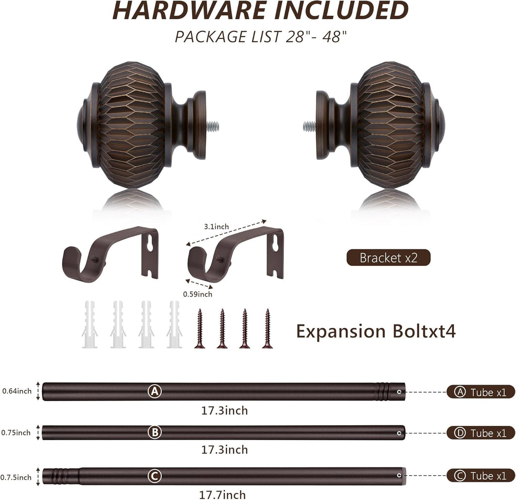Bronze Curtain Rods for Windows 28 to 48 Inches, 6/8 Inch Adjustable Heavy Duty, Lantern Ball Finials, Window Treatment Single Rod Set