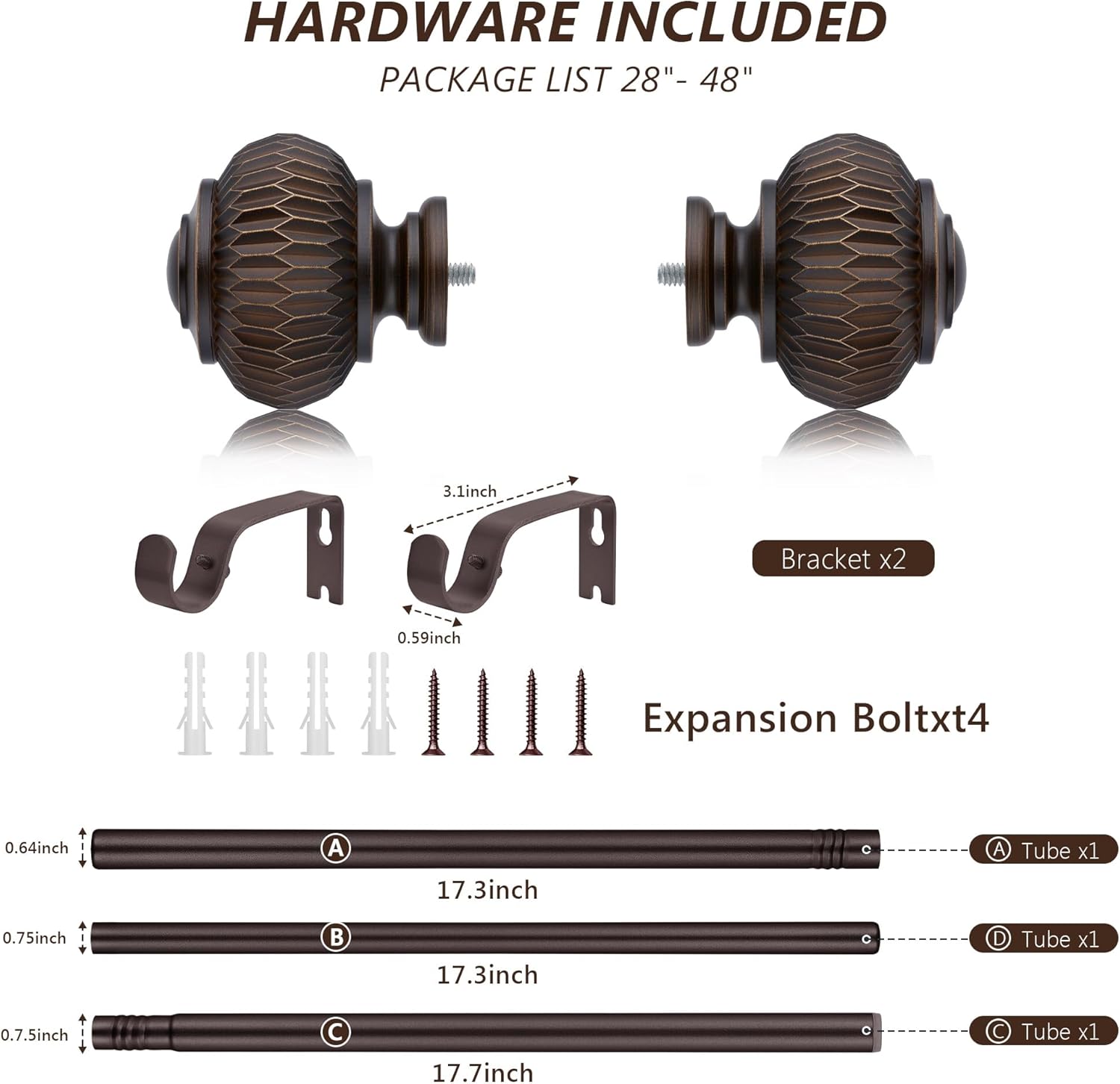 Bronze Curtain Rods for Windows 28 to 48 Inches, 6/8 Inch Adjustable Heavy Duty, Lantern Ball Finials, Window Treatment Single Rod Set