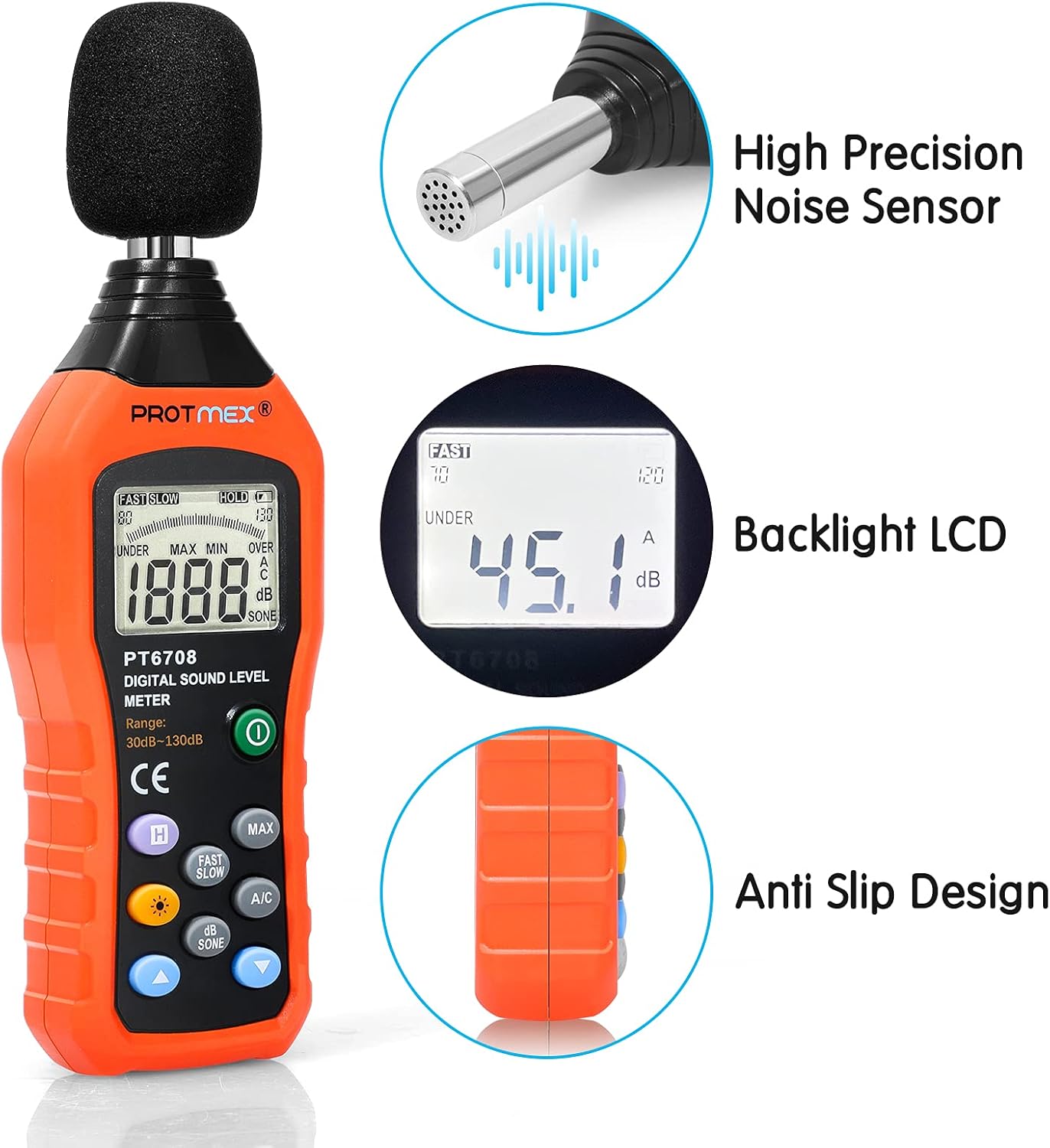 Protmex PT6708 Sound Level Meter, Digital Decibel Reader Measurement, Range 30-130 dB, Accuracy 1.5dB Noise Meter with Large LCD Screen Display, Fast and Slow Selection (Batteries Include)