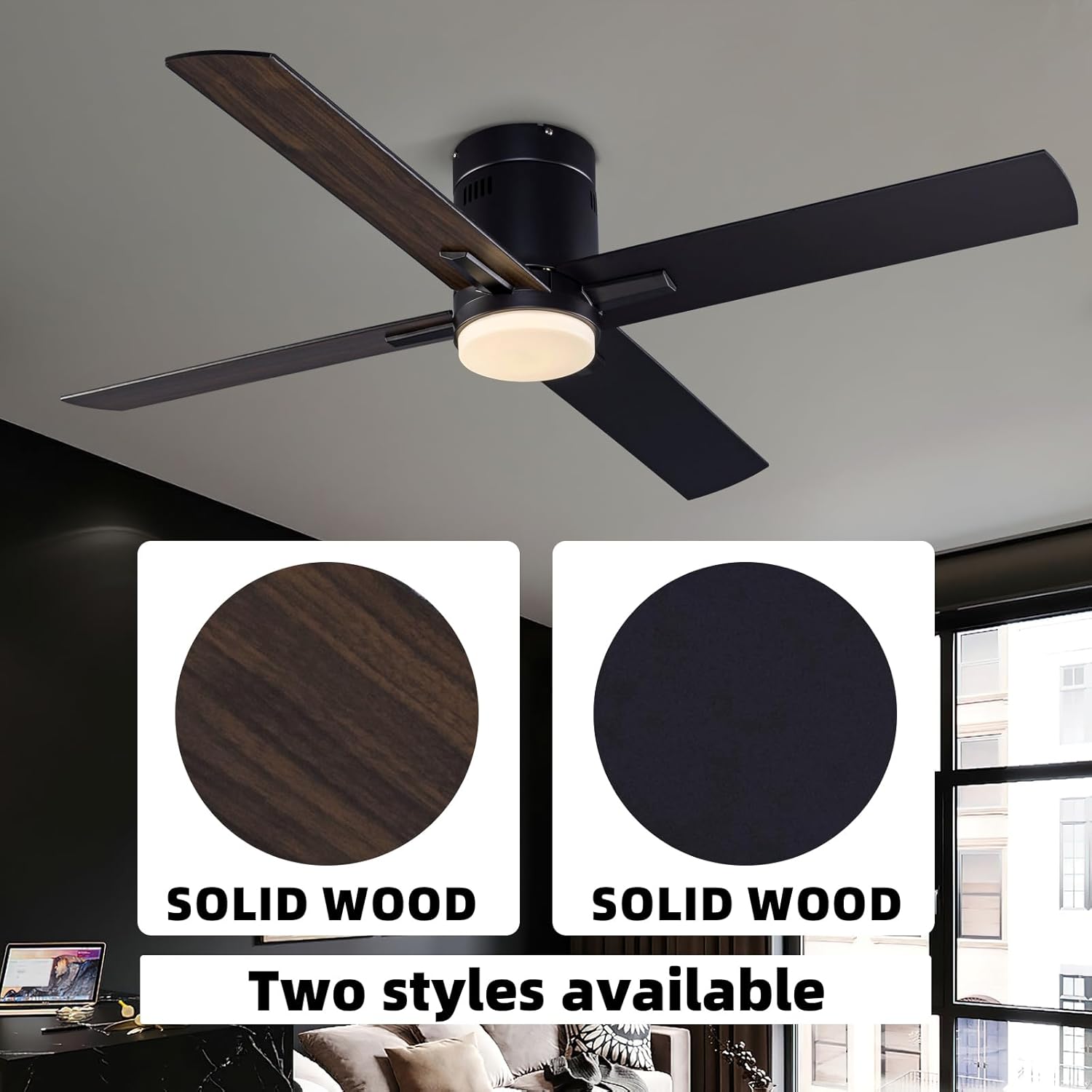 52 Inch Flush Mount Low Profile Ceiling Fan with Light and Remote Control, Reversible 4 Dual Finish Wood Blades, Indoor/Outdoor Ceiling Fan for Patio, Living Room, Bedroom