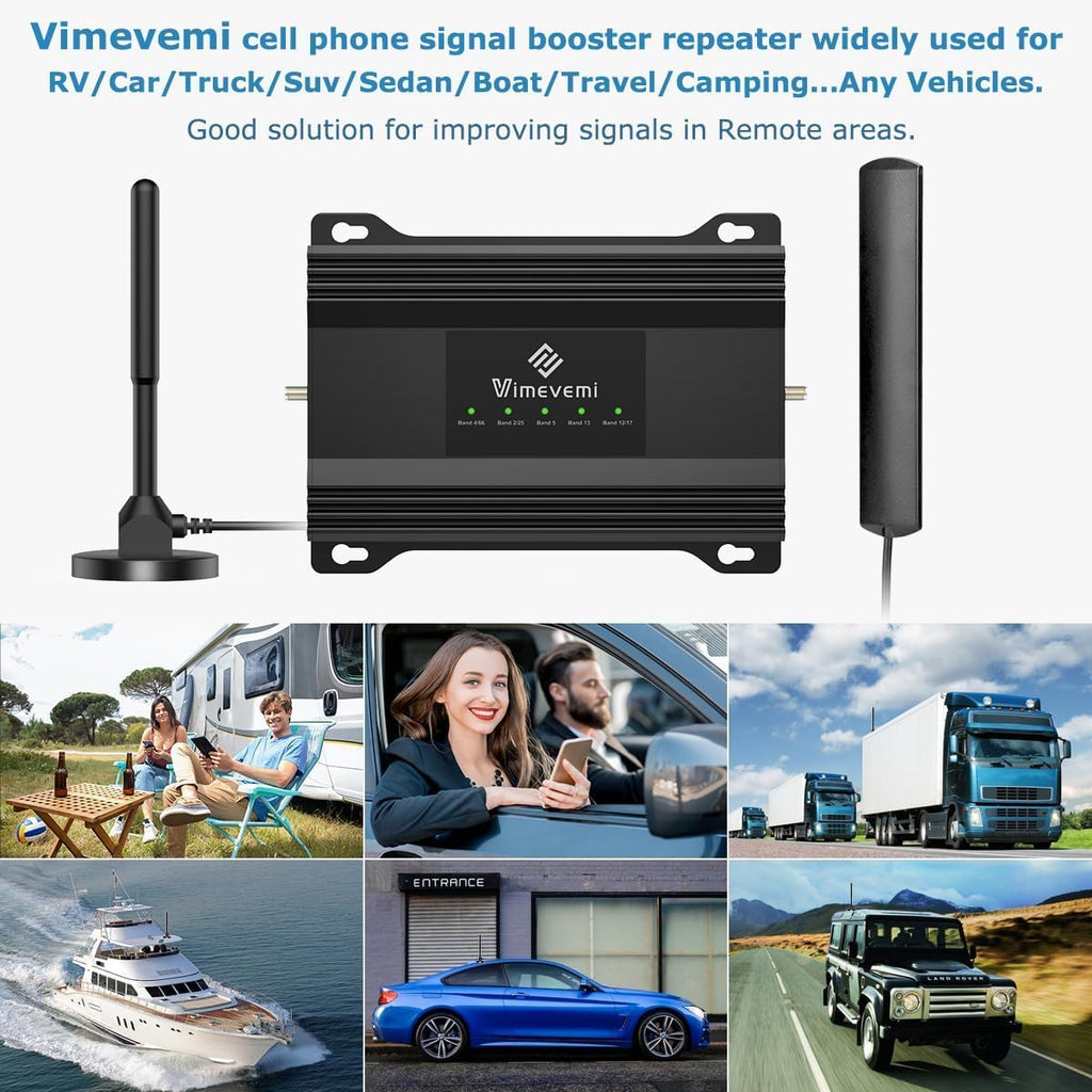 Vehicle Cell Phone Booster for Truck, RV, Car, Off-Road Vehicles & SUV | Boosts 5G & 4G LTE (Band 2/4/5/12/13/17/25/66) for All U.S. Carriers - Verizon, AT&T, T-Mobile & More | FCC Approved