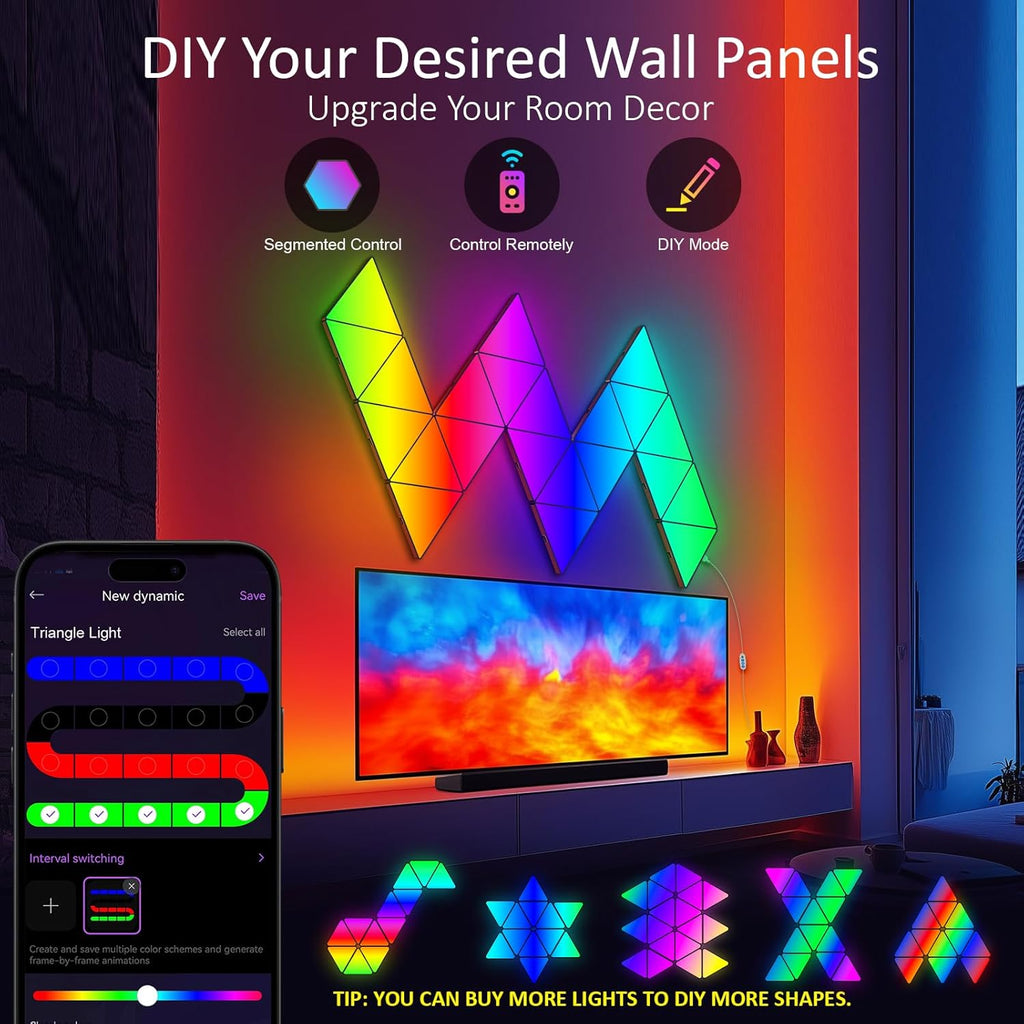 8 PCS Triangle Light Panels – Smart RGB Gaming Triangle LED Lights with App & Music Sync – Bedroom Lamp, Wall Art, Essentials, Playroom & Home Deco