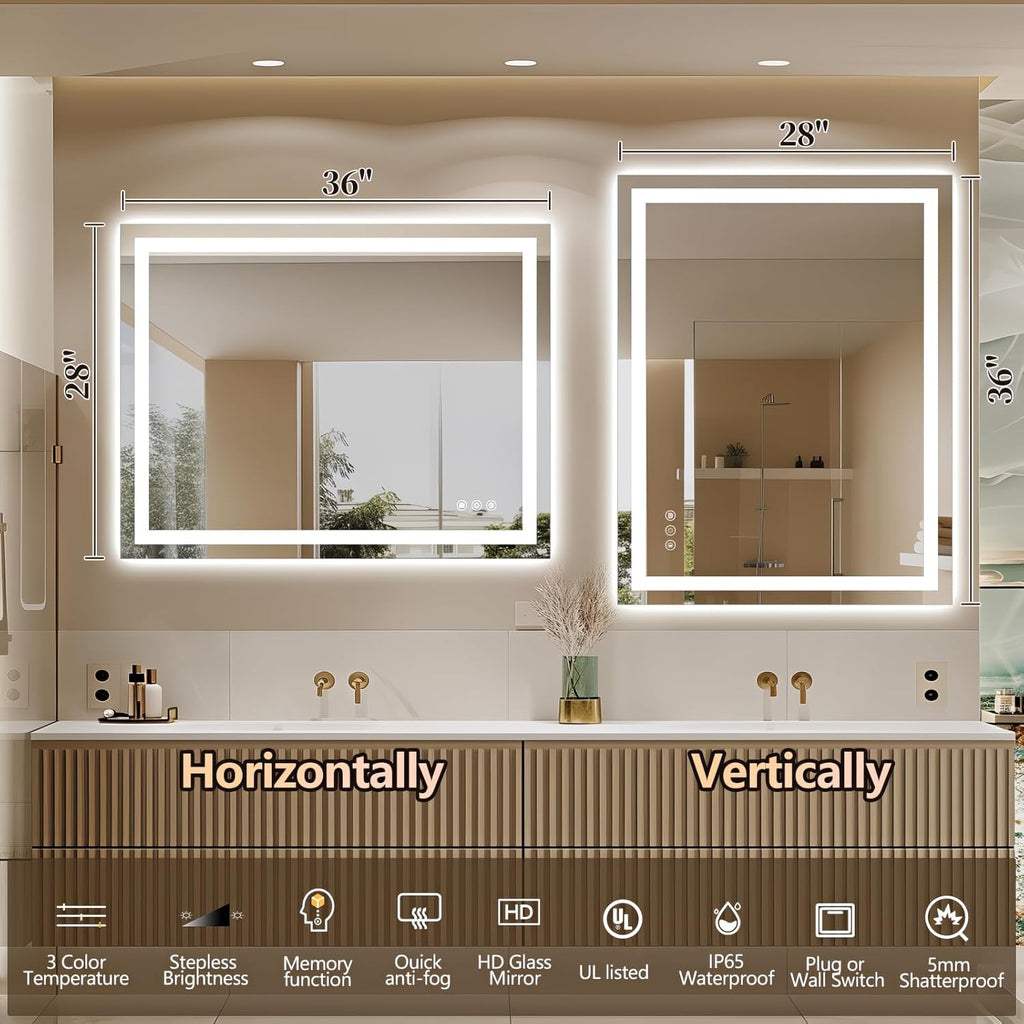 Niccy 36" x 28" LED Bathroom Mirror with Lights, Backlit and Front Lit, Lighted Vanity Mirror for Wall with 3 Colors, Anti-Fog, Shatter-Proof, Memory for Bedroom, Horizontal/Vertical