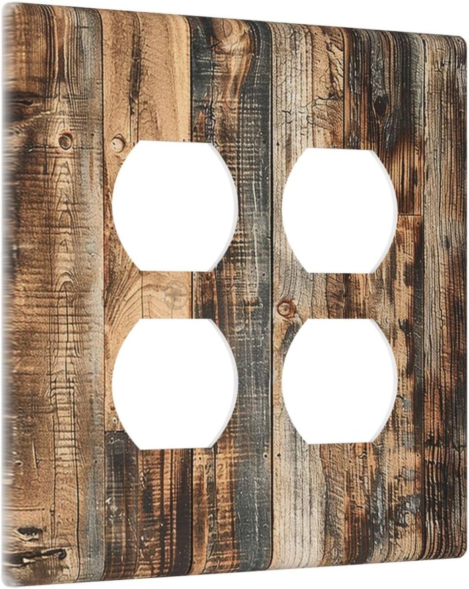 Outlet Covers Rustic Brown Wood Pattern Splice Plank 2 Gang Double Duplex Decorative Light Switch Covers Electrical Wallplates Socket Faceplate For Farmhouse Cabin Decor