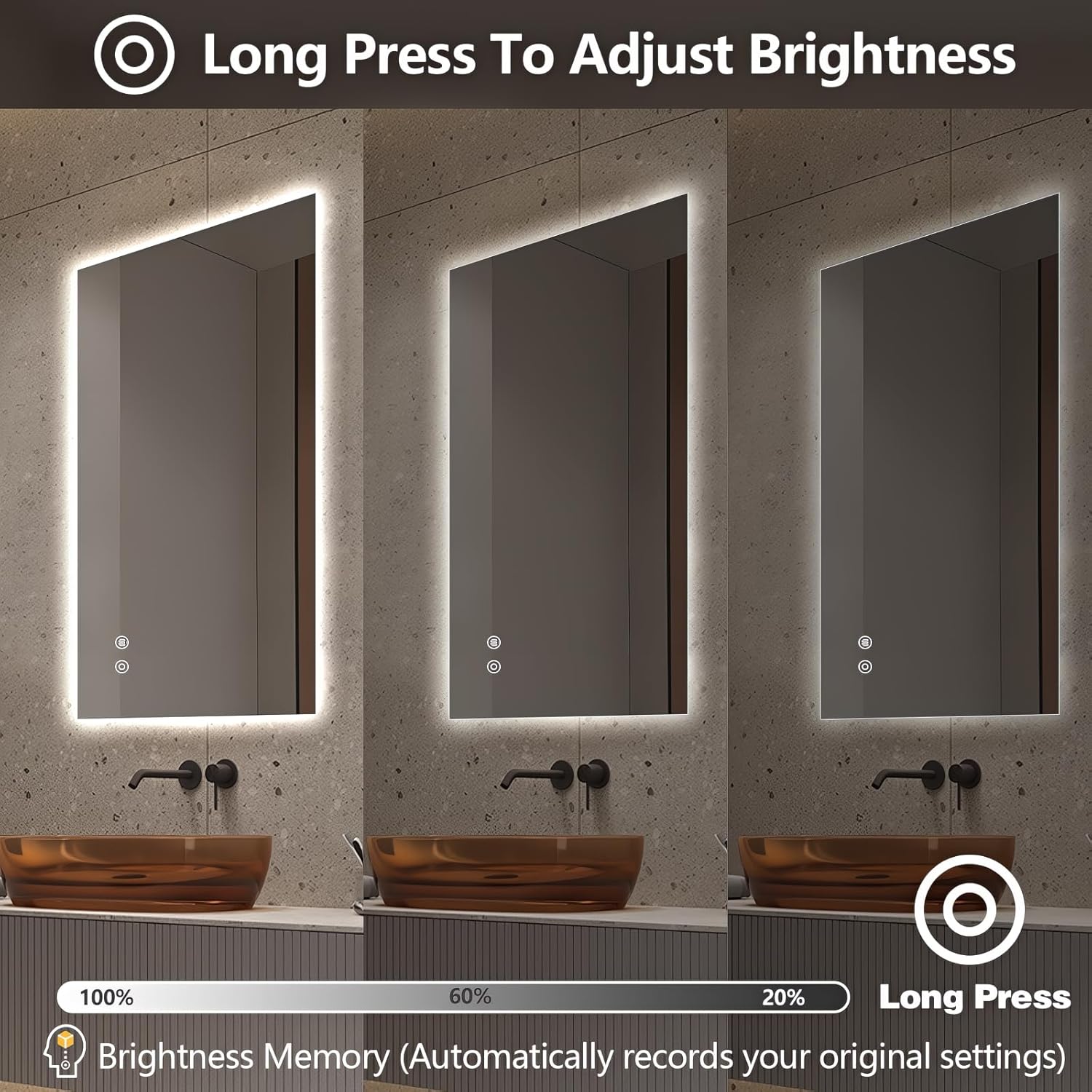 Niccy Led Mirror for Bathroom, 40"x24" Frameless Backlit Mirror for Wall Lighted Mirror with Bedroom 3 Color, Defogger, Explosion-Proof, HD Glass and IP65 Vanity Mirror Horizontal or Vertical