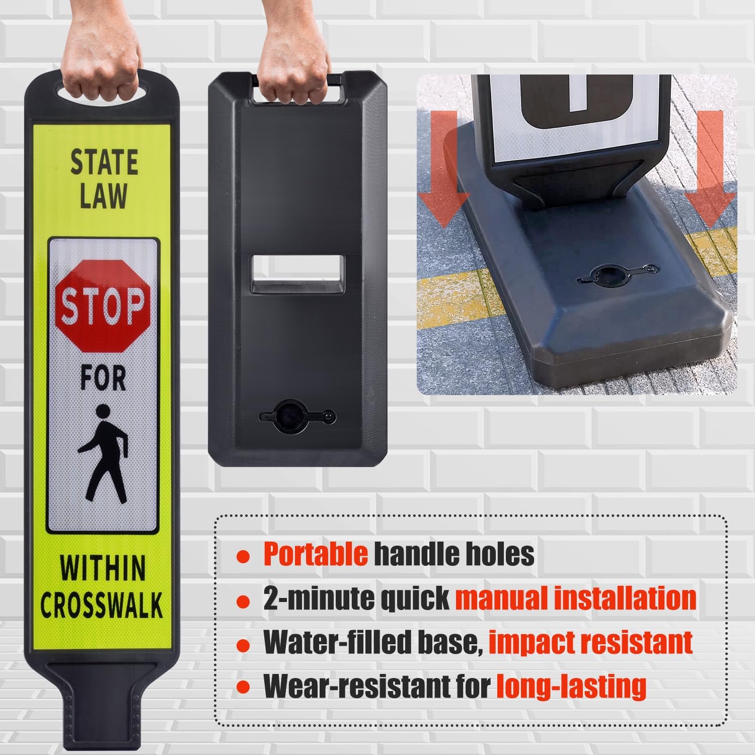 2 Pack 43" x 9.6" inch Double Sided Pedestrian Crosswalk Sign, 21.8" x 9.6" x 4" Durable HDPE Water Filled Base, Portable High Visibility Reflective Traffic Safety Parking STOP Signs (Yellow Green-2Pack)